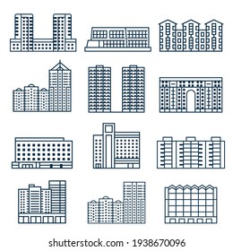 Multistory Urban Houses And Block City Apartment Buildings Icon Set. Constructivism Living Homes With Balconies In Line Art.