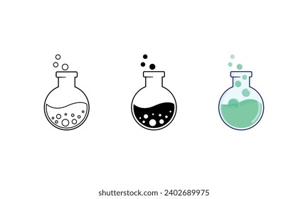 Icono multiestilo de la ciencia de botellas Erlenmeyer, silueta, contorno, colorido estilo de diseño plano