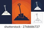 Multi-style set of shovel icons digging into a pile of dirt for gardening construction and ground breaking concepts.