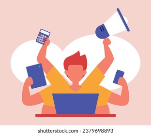 Multi-talented businessman with many hands holding various assigned tasks or jobs 2D flat vector concept for banner, website, illustration, landing page, flyer, etc