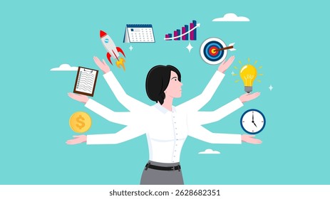 multitalented worker, multiple project management concept illustration, juggle multiple project concept, professional businesswoman manage multiple project at the some time vector illustration