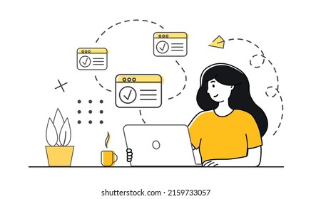 Multitascing concept. Woman with check mark in web window. Vector illustration concept on outline style