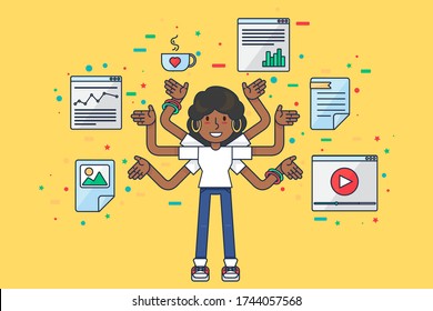 Multitask african american girl data specialist. Female seo programmer with many hands programming many tasks. Afro woman software technician, Flat vector illustration