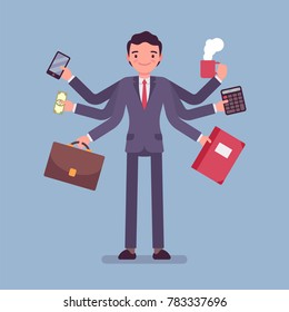 Multitask businessman at work. Active office manager dealing with many tasks simultaneously, at the same time, take on several projects .Vector business concept flat style cartoon illustration