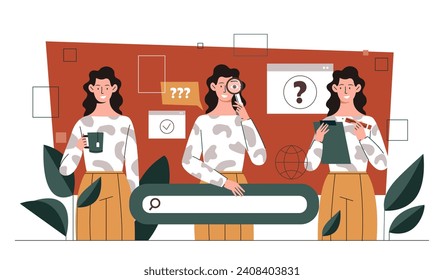 Multitask businesswoman concept. Young girl with cup of hot drink, notepad and searching on internet. Workers and employees. Organizing efficient work process. Cartoon flat vector illustration