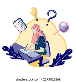 Multitask busy girl. Examination or seminar. Studying at home. Girl writing home task. Online education concept. Freelancers Working.
