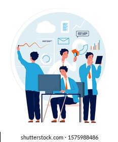 Multitask concept. Businessman making different deals and goals busy manager in action urgent tasks vector characters