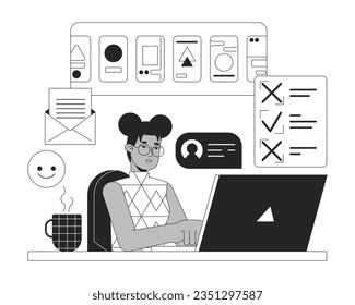 Multitask freelancer bw concept vector spot illustration. Remote work. Busy woman working on laptop 2D cartoon flat line monochromatic character for web UI design. Editable isolated outline hero image