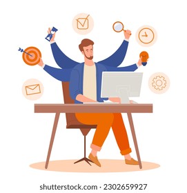 Multitask man at computer. Young guy with many hands sits at computer screen. Hard working employee or entrepreneur. Overworked worker under pressure. Cartoon flat vector illustration