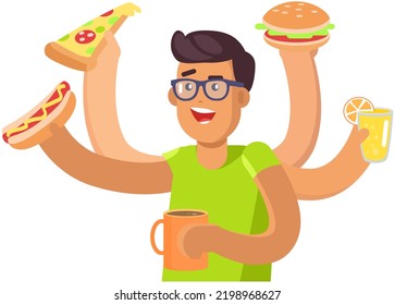 Multitask Man With Different Food. Guy With Many Hands Coping With Multitasking In Kitchen. Person Eating Or Cooking Meals. Male Character Holding Junk Food, Fastfood Dishes, Talented And Skills