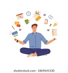 Multitask office man. Workaholic person, hard working businessman and work system. Manager tasks, male relax meditation vector character