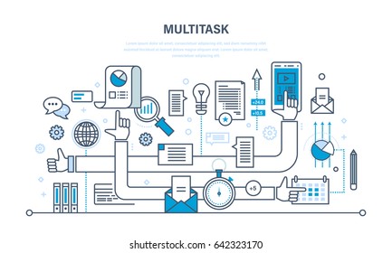 Multitask, teamwork, performing multiple task simultaneously - sale, marketing, using tablet, laptop and cellphone, search and research of data. Illustration thin line design of vector doodles