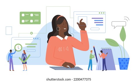 Multitask technology for work of employee vector illustration. Cartoon busy workaholic young woman working with marketing interactive presentation in cyberspace, multitasking teamwork of tiny people