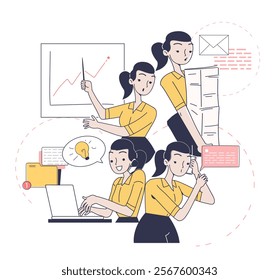 Multitask woman concept. Businesswoman with phone, stack of papers and laptop. Time management and organization of efficient work process. Hardworking entrepreneur. Linear vector illustration