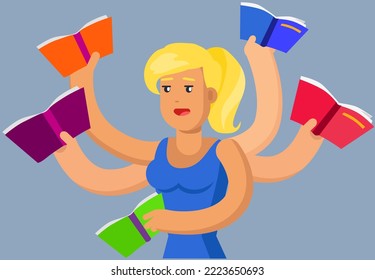 Multitask woman with different books vector illustration. Girl with many hands coping with multitasking. Lady reading literature, studying. Female character holding colorful textbooks, publications