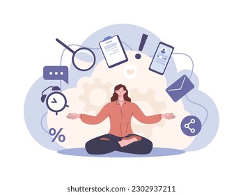 Multitask woman meditating, hardworking manager keep calm and balance. Professional work, yoga for balancing life, kicky vector cartoon character