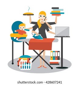 Multitask woman. Mother, businesswoman with baby, ironing, working, cooking and calling.