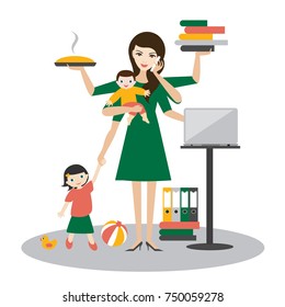 Multitask woman. Mother, businesswoman with baby, older child, working, coocking and calling.