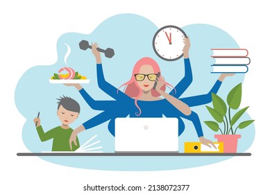 Multitask woman. Mother, businesswoman with child, working, cooking and calling. Flat vector.