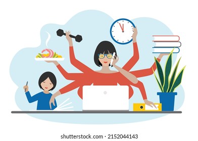 Multitask woman. Mother, businesswoman with child, working, coocking and calling. Flat vector.