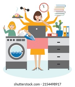 Multitask woman. Mother, businesswoman with child, working, coocking and calling. Flat vector.