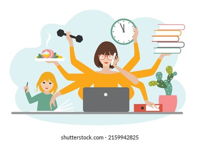 Multitask woman. Mother, businesswoman with child, working, coocking and calling. Flat vector.