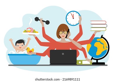 Multitask woman. Mother, businesswoman with child, working, coocking and calling. Flat vector.