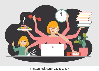 Multitask woman. Mother, businesswoman with child, working, coocking and calling. Flat vector.