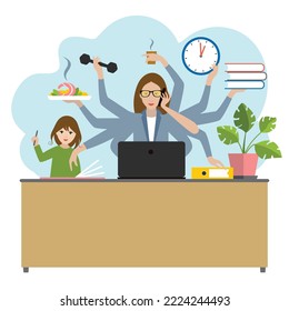 Multitask woman. Mother, businesswoman with child, working, coocking and calling. Flat vector.