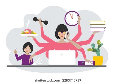Multitask woman. Mother, businesswoman with child, working, coocking and calling. Flat vector.