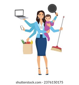 Mujer multitarea. Madre, mujer de negocios con hijos, trabajando, cocinando y llamando. Ilustración vectorial plana aislada en fondo blanco