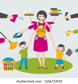 Multitask woman. Mother, businesswoman with children and bab yin sling, ironing, working, coocking and calling.