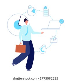 Trabajador multitarea. Empresario ejecutivo, empresario inteligente. Administrador de planificación de tiempo propio, ilustración vectorial de empleado productivo