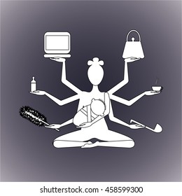 Multitask yoga woman in negative. Mother, businesswoman with baby working, coocking and wash.