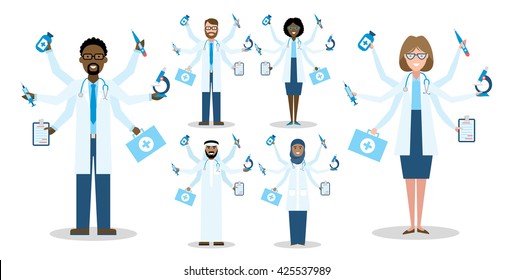 Multitaskig multicultural doctors on white background. Set of caucasian, african american and arabian doctors. Men and women. Medical treatment, fast diagnosis and emergency. 