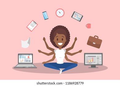 Multitasking african american business woman. Effective and talented employee or workaholic. Doing many things at once. Isolated flat vector illustration