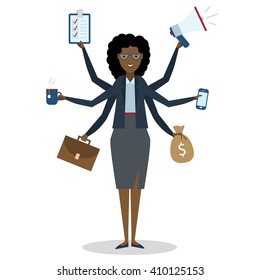 Multitasking african american businesswoman isolated on white background. Success Woman manager make idea and solution. Business woman shiva vector illustration concept.