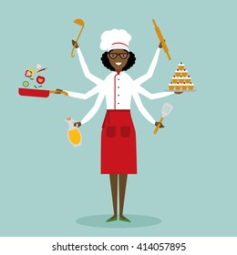 Multitasking african american chef cook. Great woman chef cartoon character. Chef - shiva vector illustration concept. Woman professional chef.