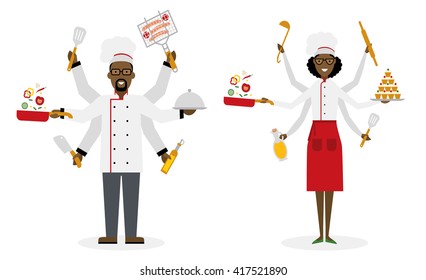 Multitasking african american chef with six hands standing on white background and holding a meal, knife, paddle, pan with vegetabes, oil and barbeque. Successful cook. Restaurant chef. Man And Woman
