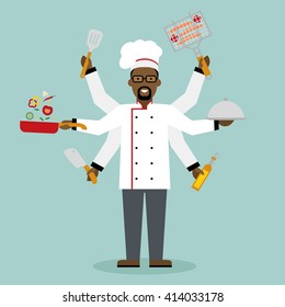 Multitasking african american flat chef cook. Chef cook - shiva vector illustration concept.