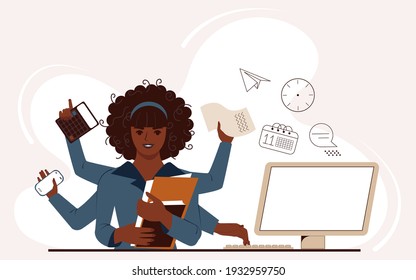 Multitasking African American woman at work in the office. Black girl performs many tasks at the same time at her desk at the computer. Flat vector illustration