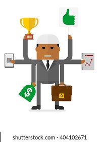Multitasking arabian businessman. Many hands holding cup, suitcase,money bag, laptop, plan.Conceptual vector image of businessman character.Cartoon flat vector illustration. Objects isolated.