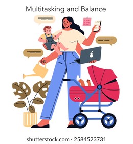 Multitasking and Balance concept. Illustrates the challenges and triumphs of balancing work and family life. A woman juggles a laptop, phone, and a baby while tending a plant. Represents modern