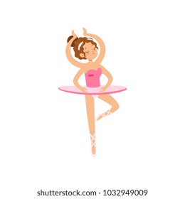 Multitasking ballerina character dancing in pink classical tutu, girl with many hands vector Illustration on a white background