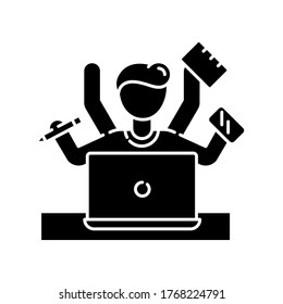 Multitasking black glyph icon. Work overload. Efficiency in management. Productive employee. Job balance. Professional entrepreneur. Silhouette symbol on white space. Vector isolated illustration