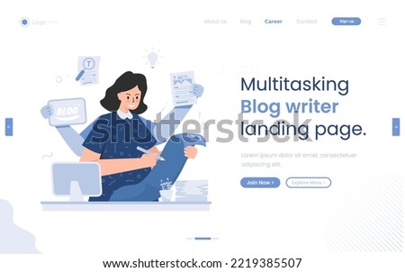 Multitasking blog writer illustration on landing page design
