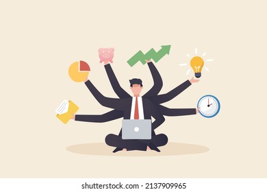 Multitasking business, Businessman with many hands in a suit. Works simultaneously with several objects. multitasking work and time management concept.