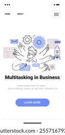 Multitasking in business concept features a person juggling tasks with gears envelopes and a rocket in a minimalist doodle style mobile app screen