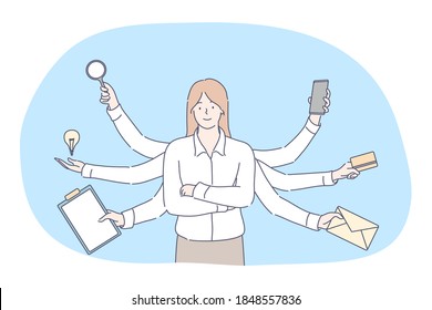 Multitasking, business efficiency, management, concept. Effective executive businesswoman professional clerk competent manager leader cartoon character workaholic standing with many hands illustration