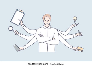 Multitasking, business efficiency, overload, professional competence concept. Young effective overloaded businessman, boy professional clerk competent manager leader with many hands. Multitasking.